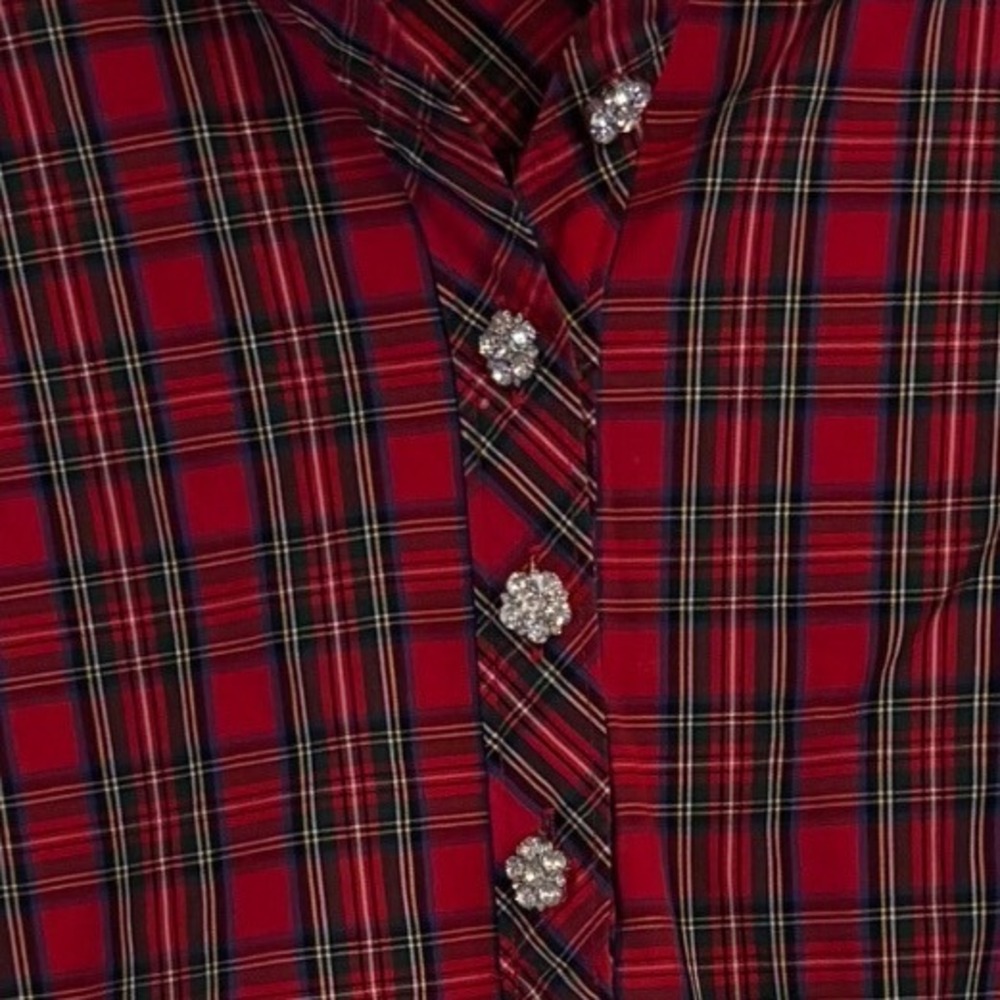 Talbots Red Tartan Plaid Rhinestone Button Popover Blouse Large
